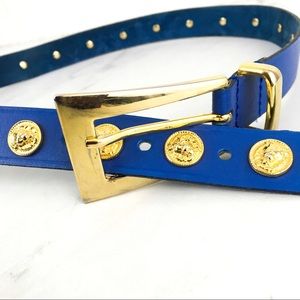 Vintage Blue Leather Belt with Gold Medallion Accents